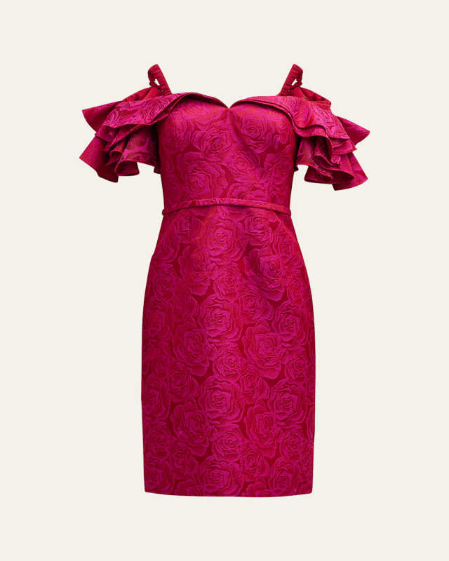 Ruffle Off-Shoulder Floral Jacquard Dress